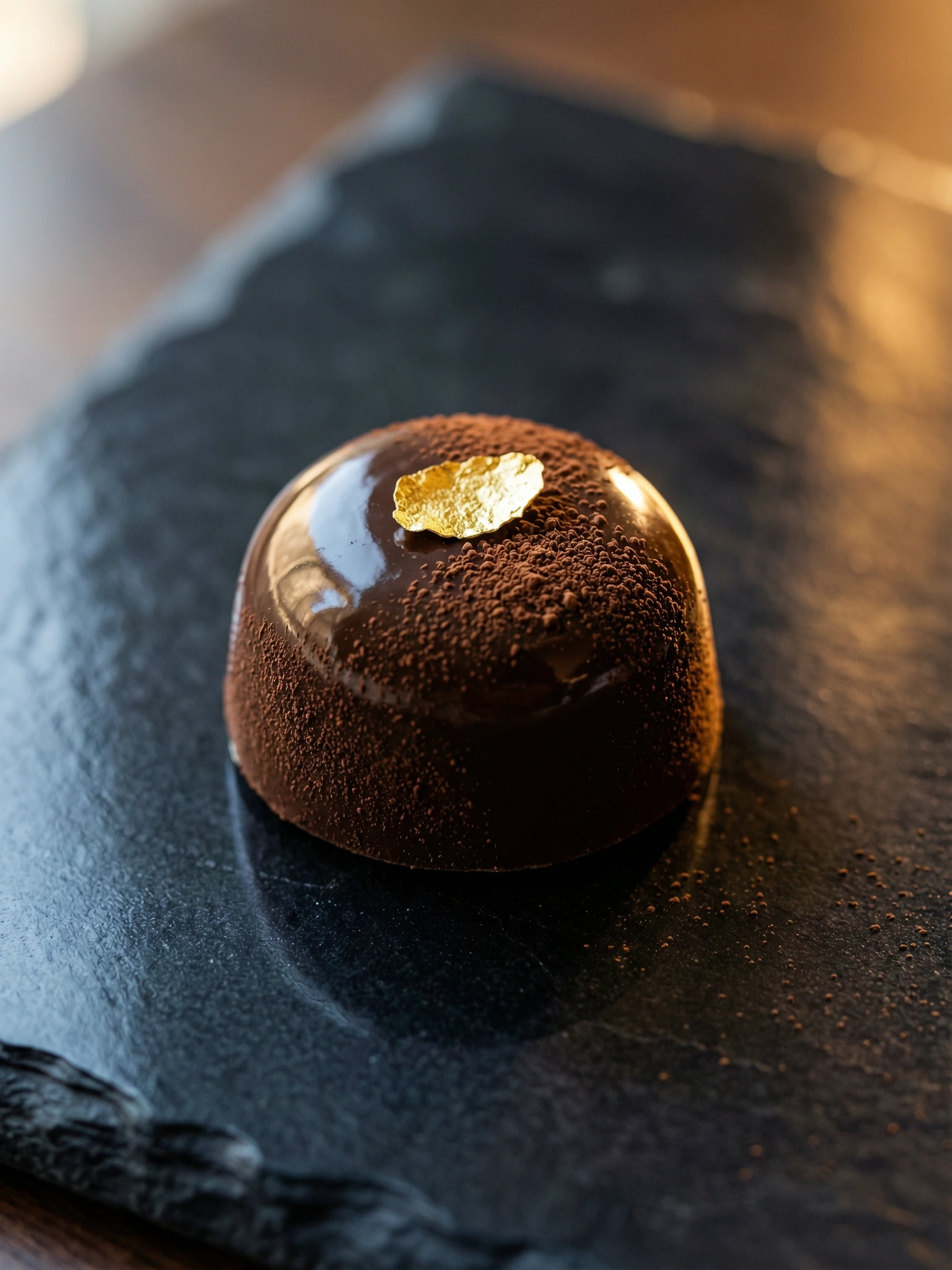 A chocolate dome with gold leaf